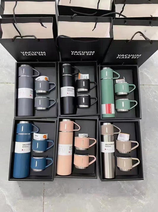 Stainless Steel Vacuum Flask With Customized Name Gift Set with 3 Coffee Cup for Hot & Cold Water 500 ml Flask (Pack of 1, Multicolor,Assorted Color) Diwali Gift | Corporate Gift