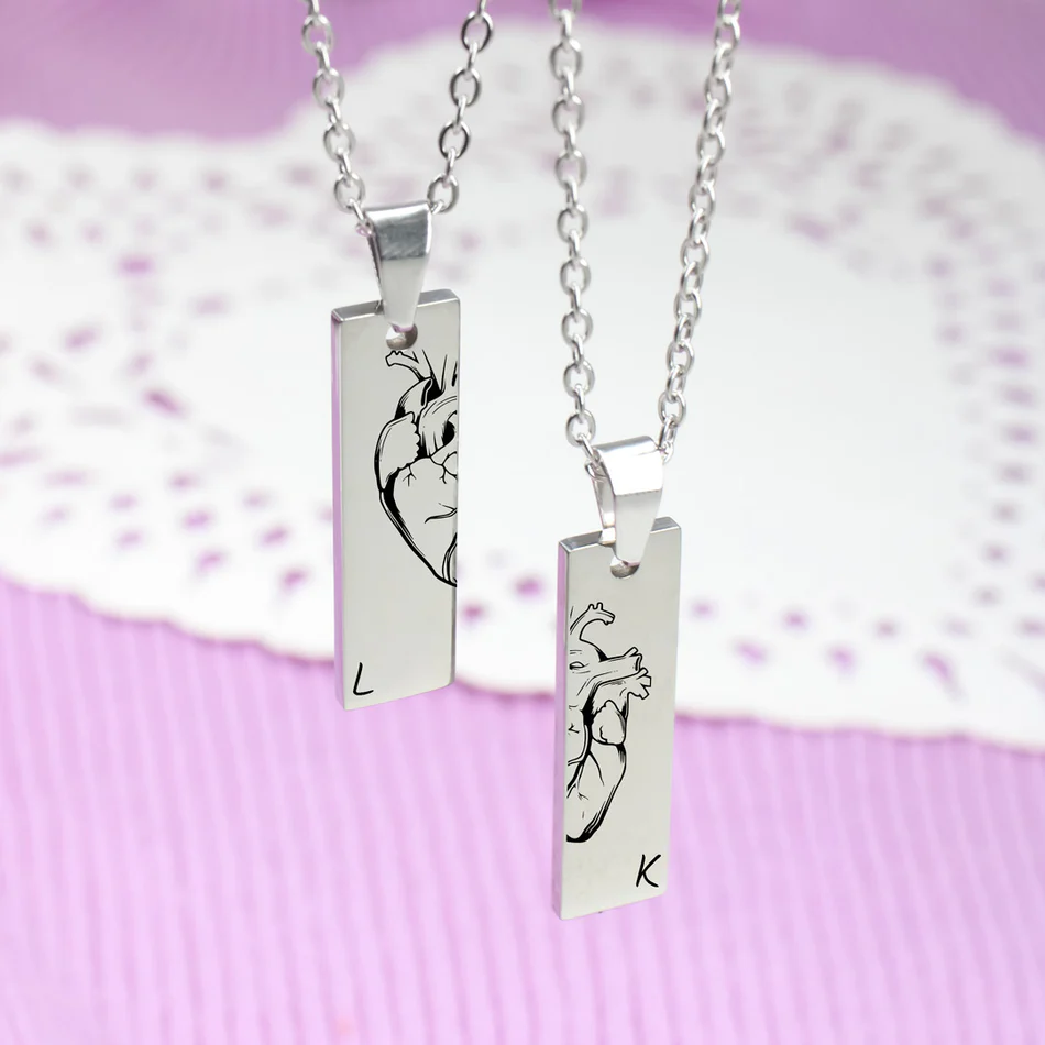 Couples' Heart Necklace - Stainless Steel with Personalized Initials (Pack of 2)