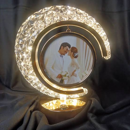 Half Moon Crystal LED Light with Heart Shape Tabletop Photo Frame, Valentines Gift, Anniversary Gift, 3Level Brightness, USB Powered, Touch