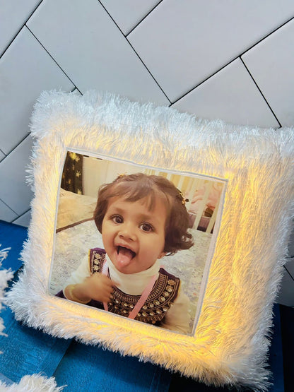Customised Led Photo Pillow Cushion for Couples/Kids/Friends/Parents with Your Photo and Fiber Filler with Battery, Size- 16by16 inch (Pack of 1), White