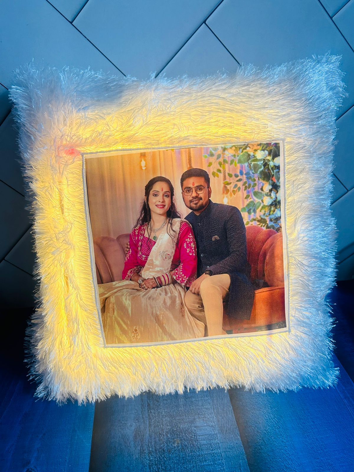 Customised Led Photo Pillow Cushion for Couples/Kids/Friends/Parents with Your Photo and Fiber Filler with Battery, Size- 16by16 inch (Pack of 1), White