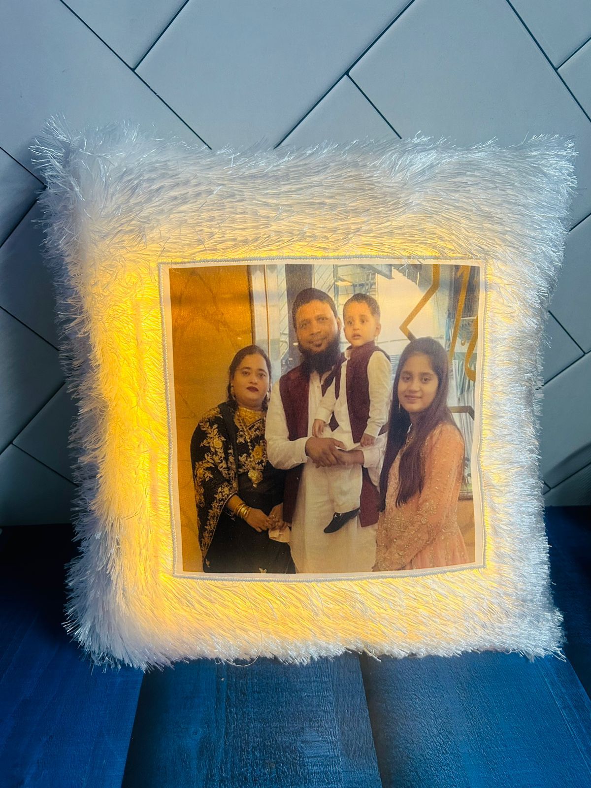 Customised Led Photo Pillow Cushion for Couples/Kids/Friends/Parents with Your Photo and Fiber Filler with Battery, Size- 16by16 inch (Pack of 1), White