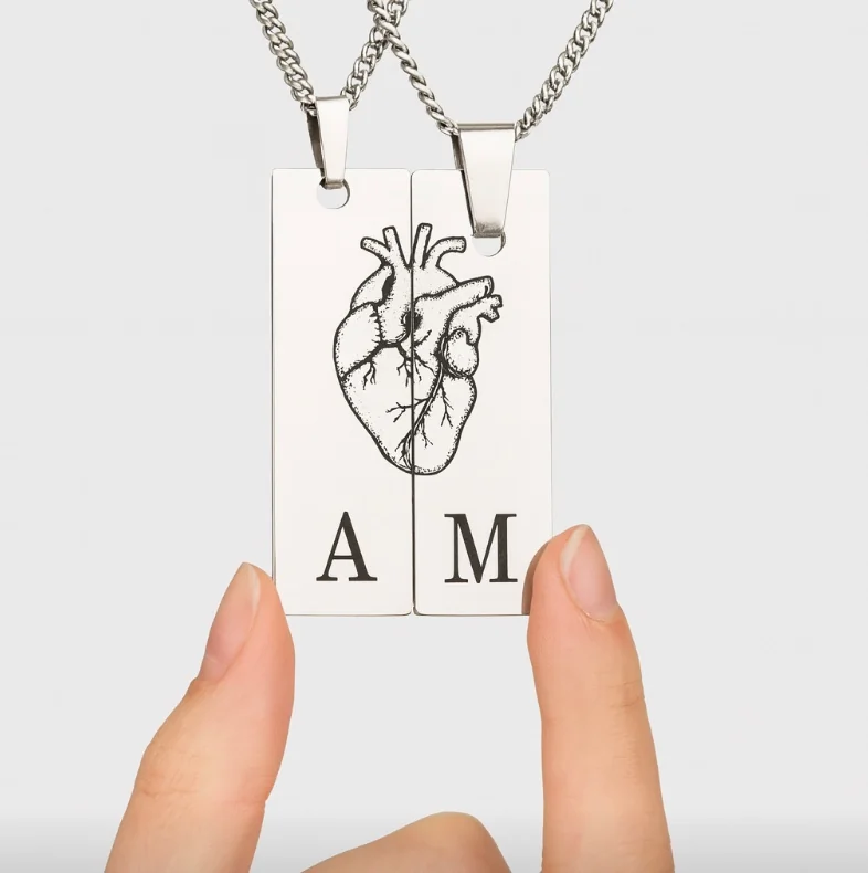 Couples' Heart Necklace - Stainless Steel with Personalized Initials (Pack of 2)