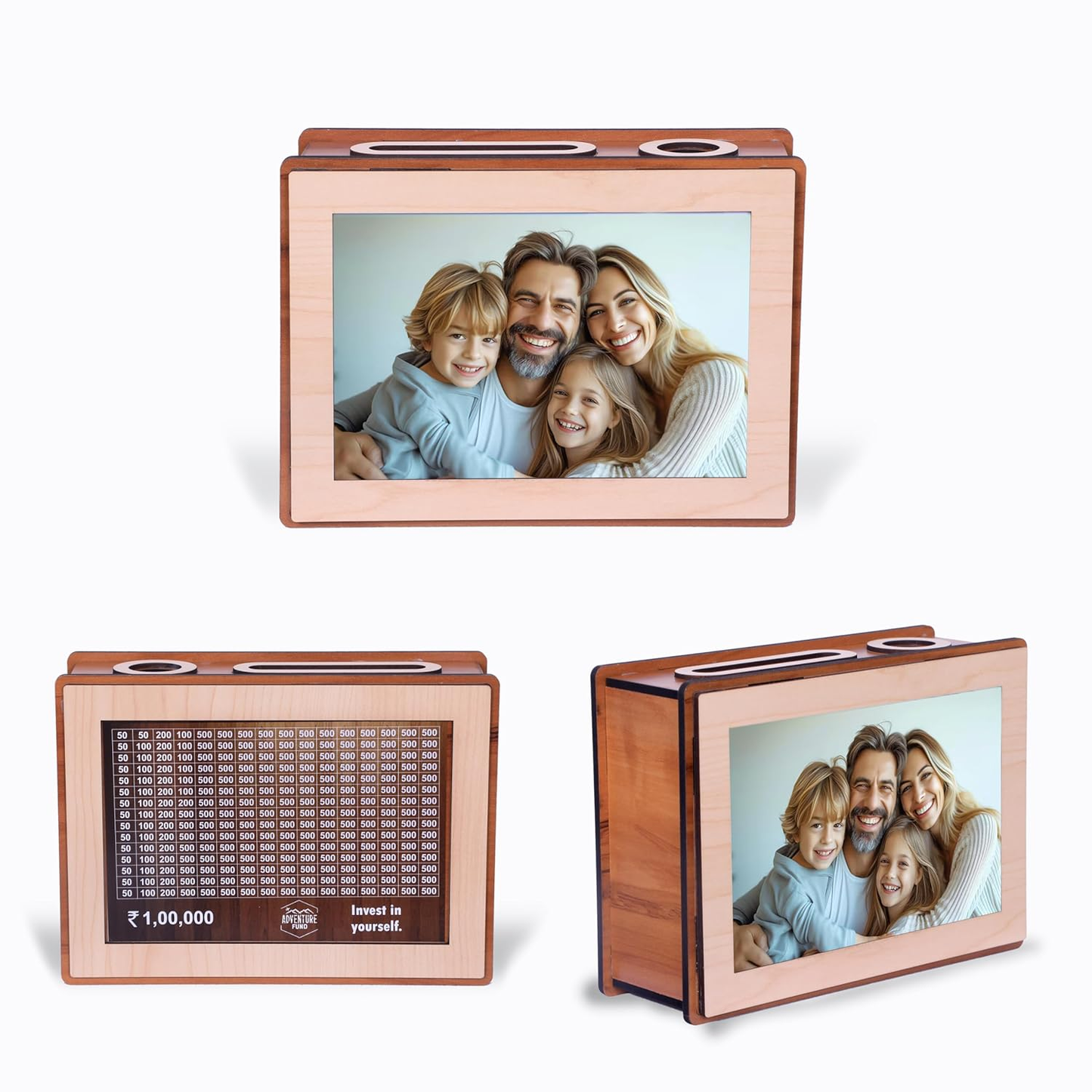 Wooden Savings Box with Chart | Reusable Money Saving Box with Custom Photo Frame | Budget Planner Gift for Kids, Family & Couples | Wooden Piggy Bank with Tracker