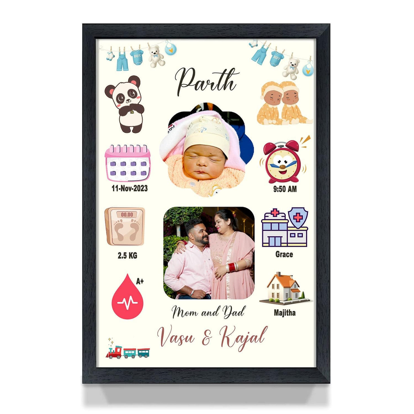 A Perfect Gifter Customized Collage New Born Baby Photo Frame with Photo Upload for Boy or Girl with Parents and Birth Details