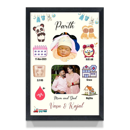 A Perfect Gifter Customized Collage New Born Baby Photo Frame with Photo Upload for Boy or Girl with Parents and Birth Details