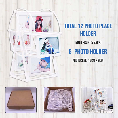 Customizable Double-Sided Photo Ferry Wheel Frame – Personalized Table Décor for Birthday Gift and Home, Holds 12 Photos (6x6 Front & Back) in White