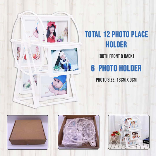 Customizable Double-Sided Photo Ferry Wheel Frame – Personalized Table Décor for Birthday Gift and Home, Holds 12 Photos (6x6 Front & Back) in White