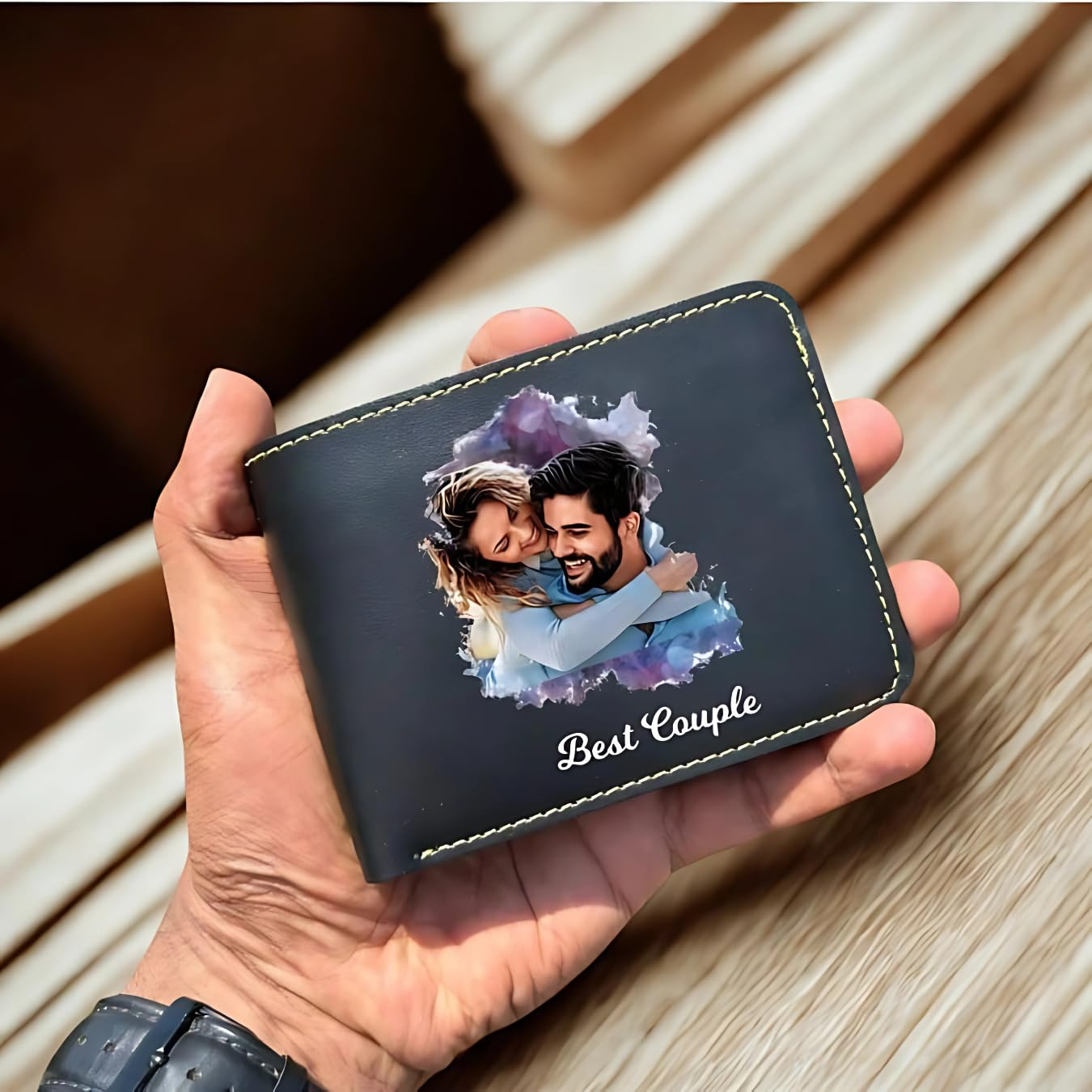 Personalized Name & Photo Leather Mens Wallet | Gifts for Men Husband Boyfriend Staff Employees Clients Colleagues Friend (Photo Wallet)