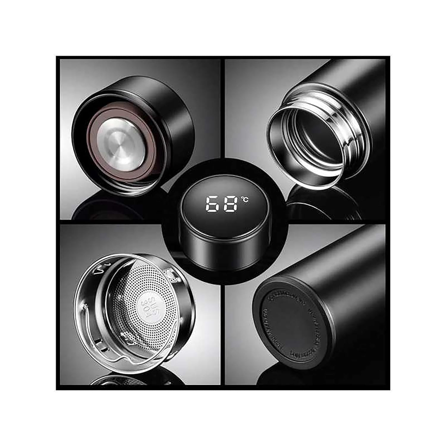 Customized Stainless Steel Bottle with LED Temperature Display, Double Wall Vacuum Flask, 500 ML Black