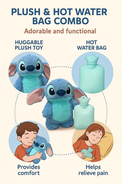 Softdreams Cute Cartoon Plush Soft Toy with Hot Water Bag – Huggable, Washable & Child-Safe Stuffed Toy, Random Color