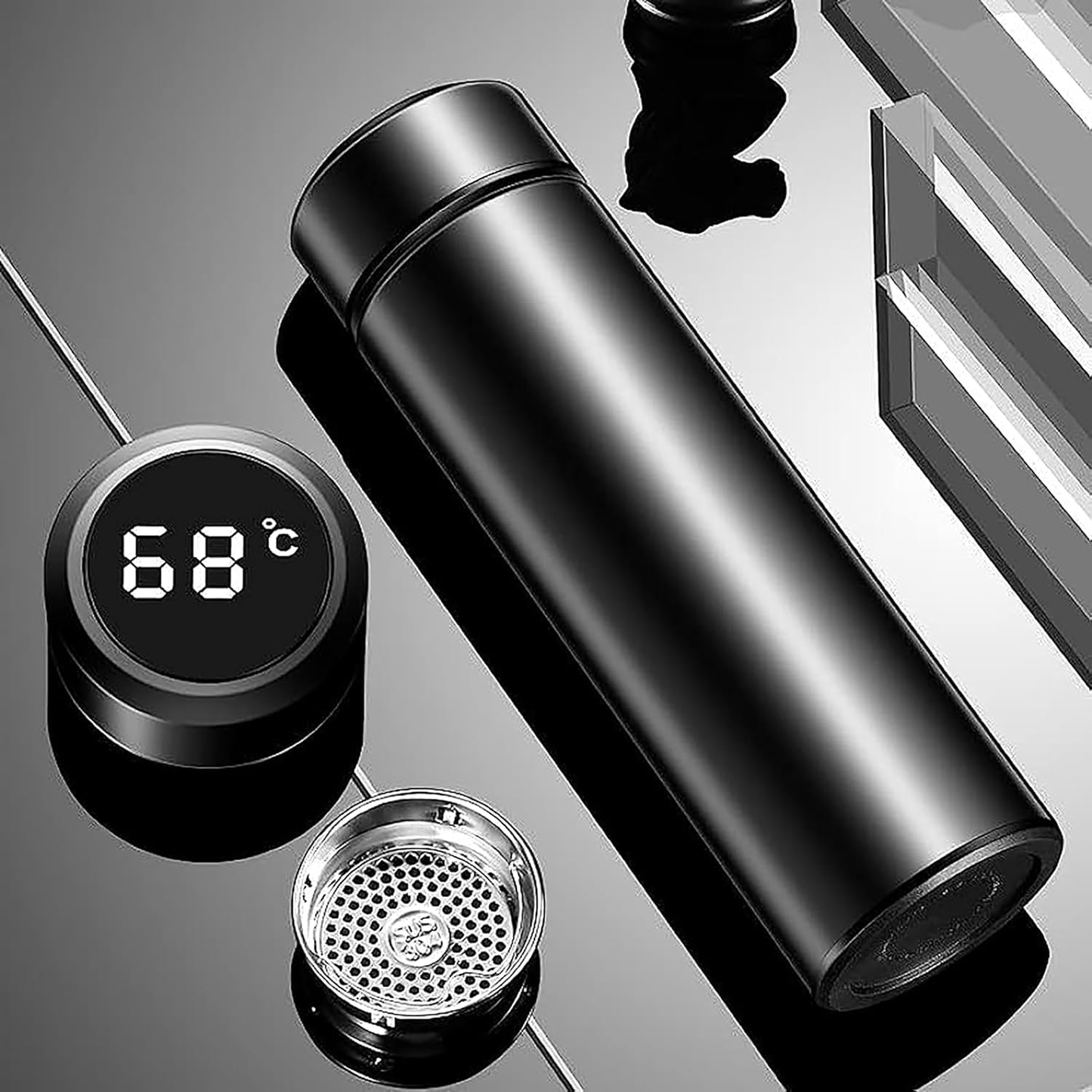 Customized Stainless Steel Bottle with LED Temperature Display, Double Wall Vacuum Flask, 500 ML Black