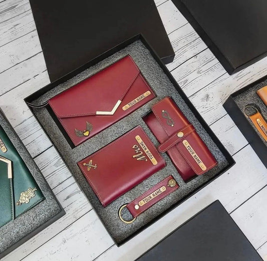 Personalized 4 in 1 Ladies Purse/Clutch, Passport Cover with Eye Wear Case, and Metal Keychain Combo - Unisex Combo Accessories, Return Gifts, Birthday Gifts