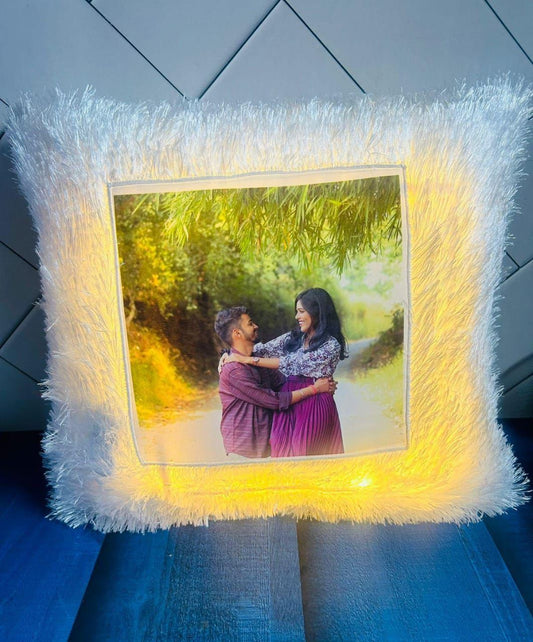 Customised Led Photo Pillow Cushion for Couples/Kids/Friends/Parents with Your Photo and Fiber Filler with Battery, Size- 16by16 inch (Pack of 1), White