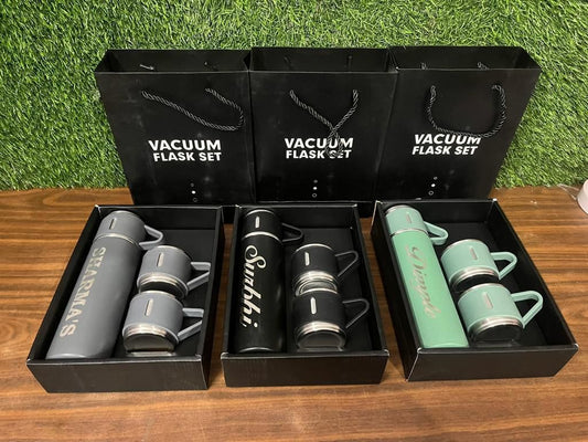 Stainless Steel Vacuum Flask With Customized Name Gift Set with 3 Coffee Cup for Hot & Cold Water 500 ml Flask (Pack of 1, Multicolor,Assorted Color) Diwali Gift | Corporate Gift