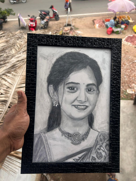 Pencil Sketch Drawing Photo Frame Gift For Anniversary | Birthday | Wife | Husband | Sister | Brother | Gift For All Occasions (A4, Black, Wall Mount)