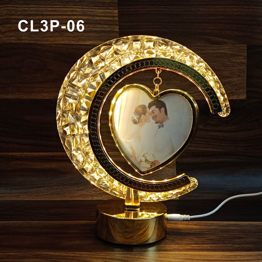 Half Moon Crystal LED Light with Heart Shape Tabletop Photo Frame, Valentines Gift, Anniversary Gift, 3Level Brightness, USB Powered, Touch